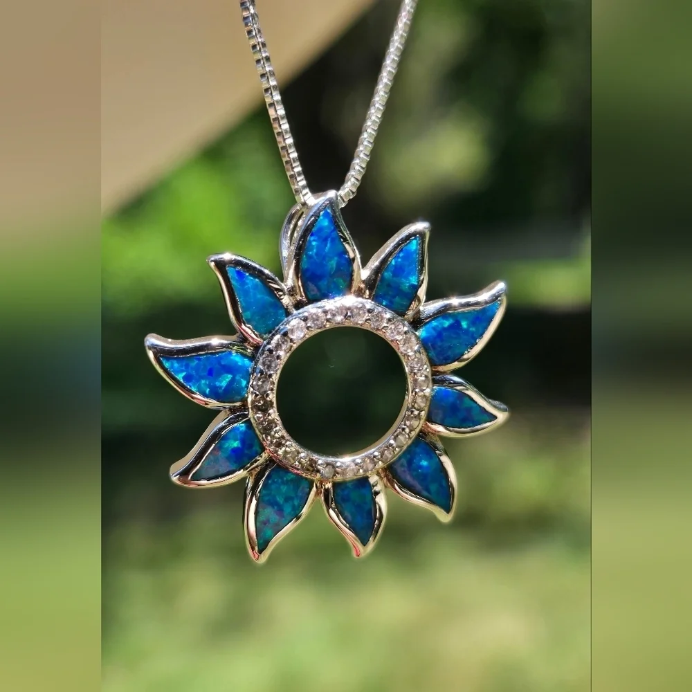 Sterling Silver 925 Necklace Silver 925 Blue Sunflower Opal Pendant Necklace - Picture 7 of 17